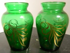 Vintage Pair of  Forest Green  Vases  w/ Gold Overlay 3.75" x 2.25" New In Box