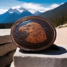 Quality Patriotic American Bald Eagle on hand stitched leather oval belt buckle