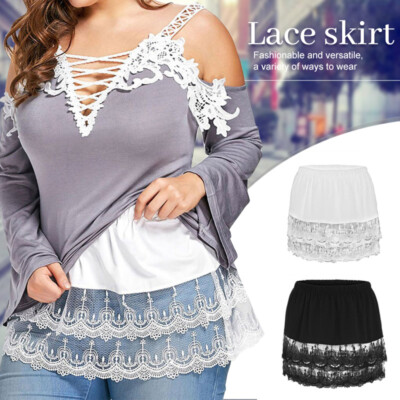 Women Lace Mesh Mini Skirt Shirt Extenders Layering Fake Top