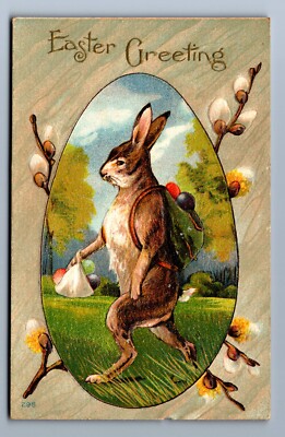 1913 HIKING EASTER BUNNY BACKPACK EGG ANTHROPOMORPHIC SUNDAY SCHOOL Postcard P18