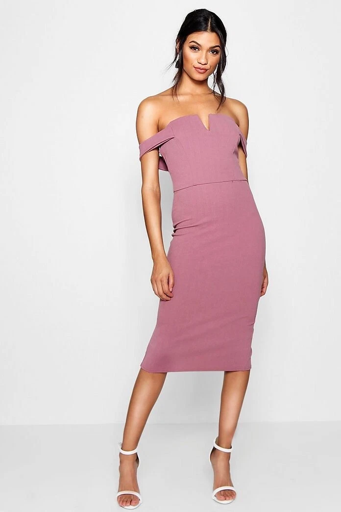 Boohoo BNWT Bardot Midi Bodycon Dress Mauve Size 8 eBay