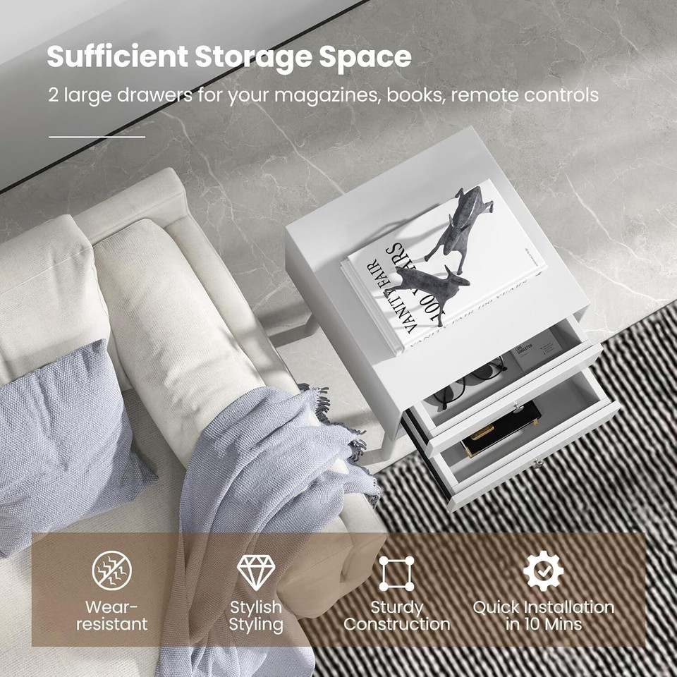 Nightstand with 2 Drawers, Small Wooden Side Table, Mid Century Modern