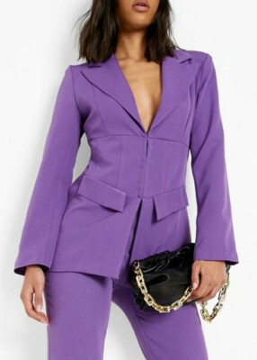 Purple Corset Waist Longline Tailored Blazer Jacket Workwear