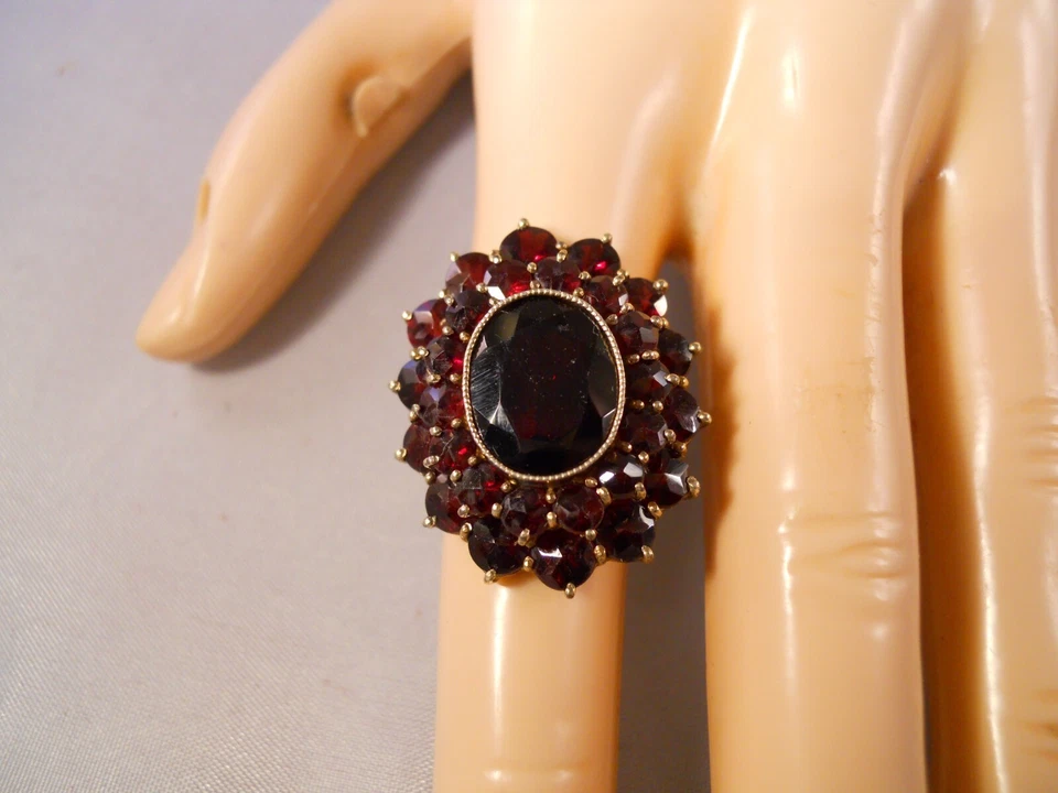 ANILLO RACIMO DE FLORES DOBLE HALO GRANATE ORO AMARILLO 14K DISEÑO ANCHO PESADO 6,75 Foto 4 de 4