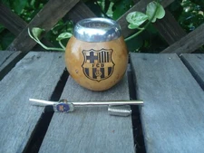 Spain Soccer  Mate Gourd Hand Carved + Straw + Engraving LOGO Barcelona Bombilla