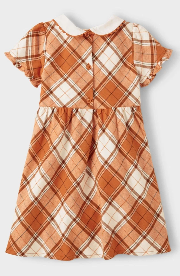 Gymboree Pumpkin Plaid Dress Peter Pan Short Sleeve Ruffle Orange Girls 4T - Image 2 of 4