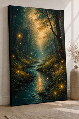 ICE ARMOR Large Canvas 24x36'' Enchanted Forest River Canvas Wall Art Glowing