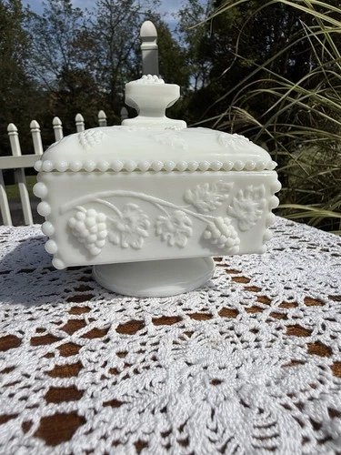 Vintage Westmoreland Milk Glass Candy Dish Hobnail and Grapes Leaves w/Lid 6"