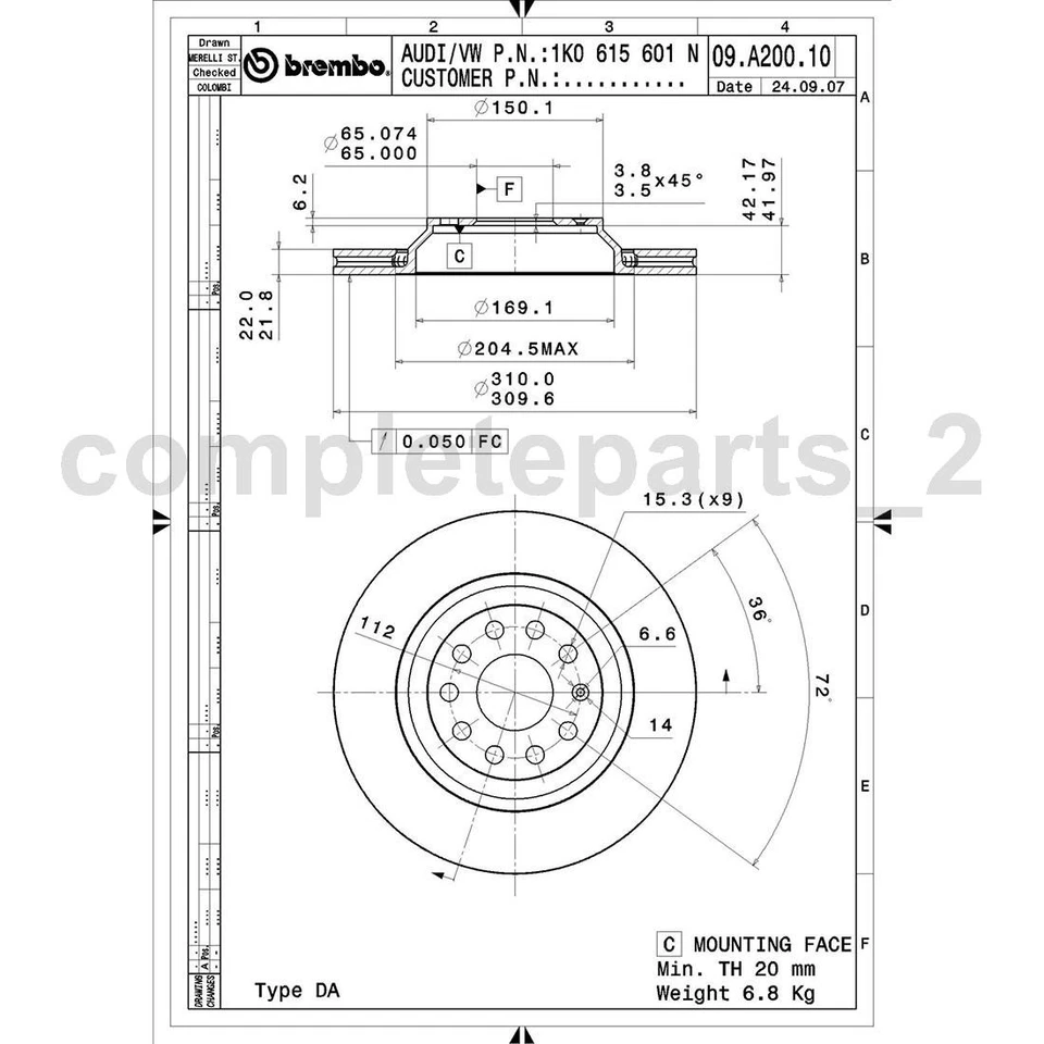 Juego de pastillas de freno de disco rotor de freno de disco para Volkswagen R32 Brembo 2008-2008 3 piezas Foto 2 de 4