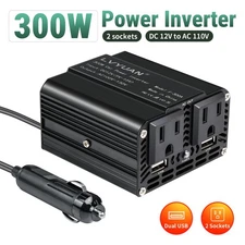 300W Car Power Inverter 12V to 110V Converter 2USB 2AC Charge Phone Laptop Black