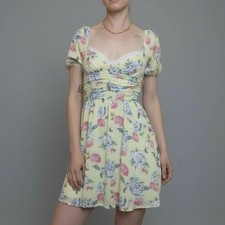 Forever 21 Yellow Floral Puff Sleeve A-Line Ruched Mini Dress