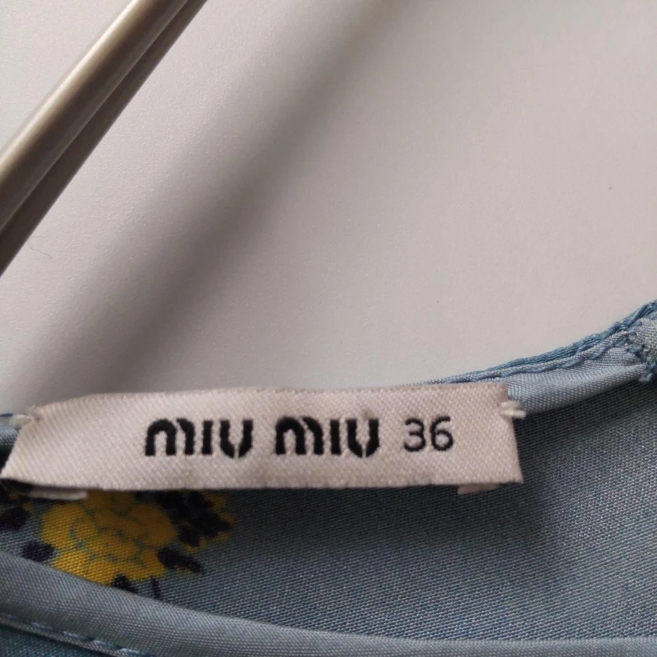 Mini Vestido Miumiu Manga Larga Floral Seda Plisado, Azul, Talla 36 Hecho en Italia Foto 2 de 4