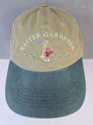 vtg Master Gardener hat embroidered rake hoe watering can strap back cap
