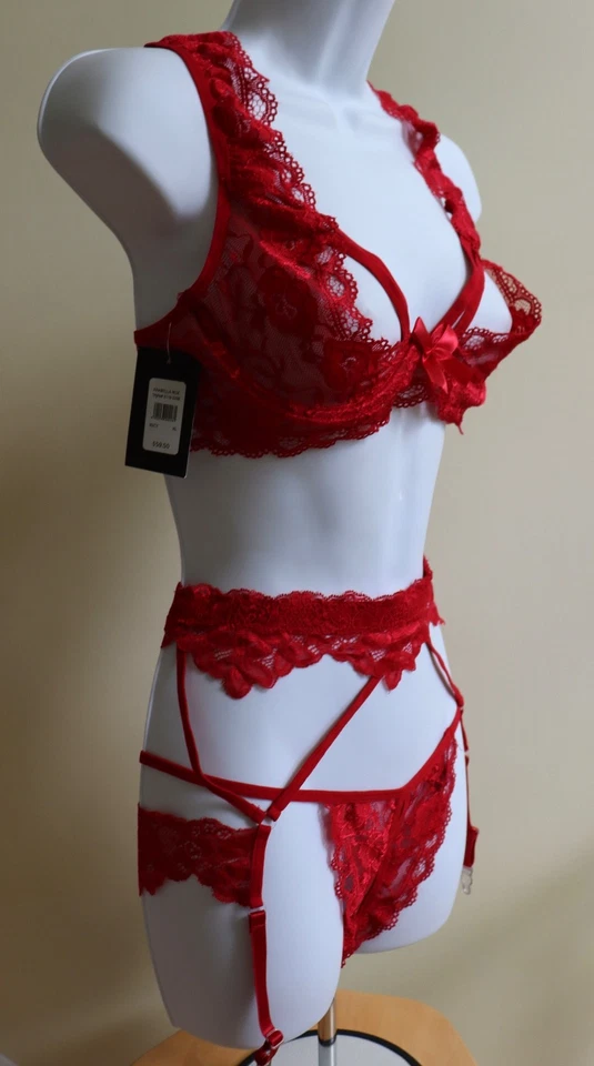 FREDERICK'S OF HOLLYWOOD ARABELLA SUJETADOR ENCAJE ROJO - LIGA - TANGA = TALLA XL = NUEVO CON ETIQUETAS Foto 2 de 4