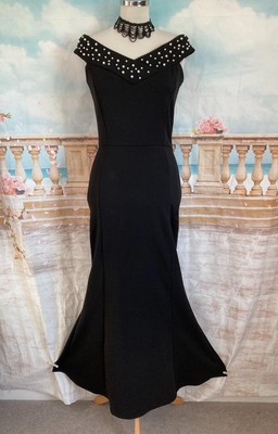 Evening Dress 12 Black Pearl Bead Quiz Ballgown Stretch Bardot
