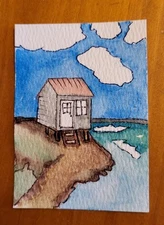 ACEO Original Watercolor Painting "Cloudy Beach Cottage" 2.5 X 3.5