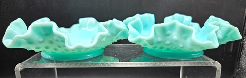 A Pair of Fenton Turquoise Opalescent Hobnail Bonbon Dishes - 6"
