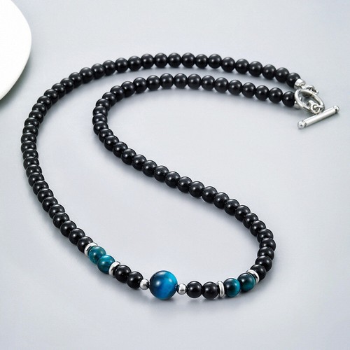 Natural Tiger Eye Obsidian Stone Beaded Necklaces for Men Stainless Steel Clasp - Picture 12 of 16