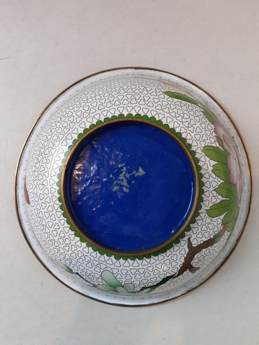 Vintage Antique Chinese Cloisonne 10" Enamel & Brass Floral Butterfly Motif Bowl - Picture 10 of 10