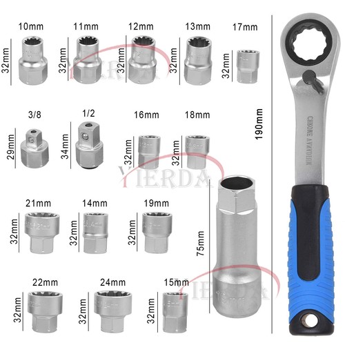 17x Socket Set Metric Hole Pass 3/8 1/2" Adaptors Ratchet Go Through 10mm - 24mm - Picture 12 of 15
