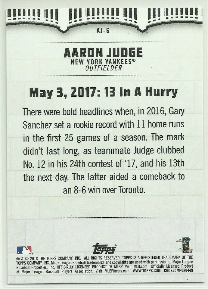 2018 Topps Wal-Mart Aaron Judge Highlights #AJ-6 Aaron Judge New York Yankees - Image 2 of 2