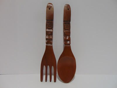 Carved Wood Fork And Spoon Wall Decor Tiki Totum Philippines  c1978