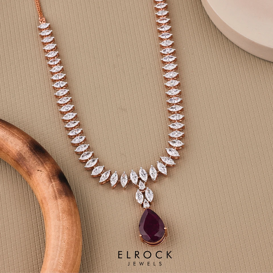 14K Rose Gold Tennis 24.2Ct Labgrown Diamond Ruby Stone Necklace For Women's - Image 3 of 4