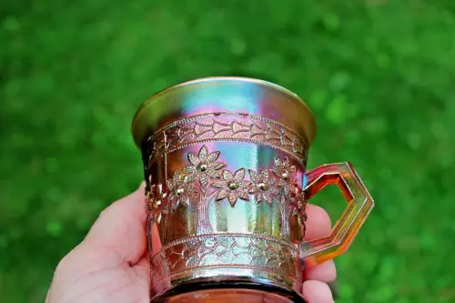 ANTIQUE FENTON ORANGE TREE CARNIVAL GLASS STANDARD MUG, AMBERINA - RARE