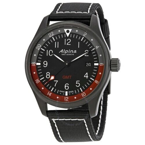 ALPINA Startimer Pilot Quartz Watch, 42mm, GMT, Black, Nato, AL-247BR4FBS6