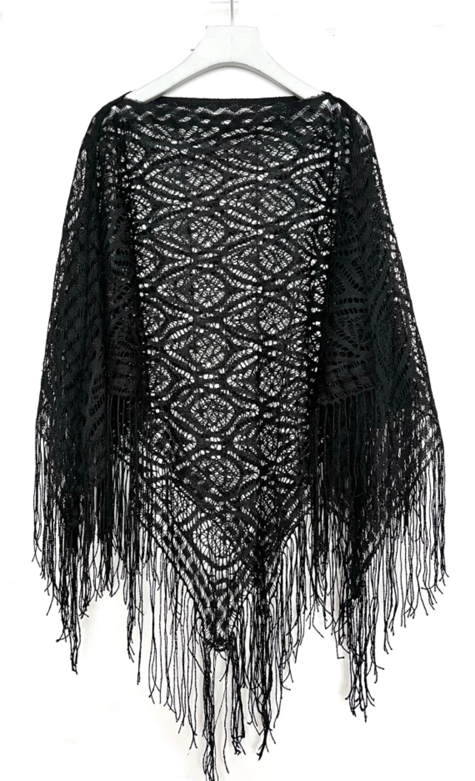 VINTAGE Black FRINGED LACE PONCHO Sheer SHORT CAPE Scarf Shawl TASSELS One Size