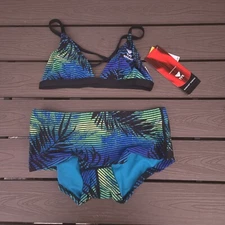 TYR Women Durafast Paradise Triangle Boyshorts Bikini Blue/green SZ S NEW 