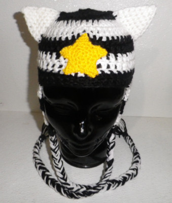 Handmade Crochet Cat Ear Hat Adult Size Black White Striped Beanie w/ Star