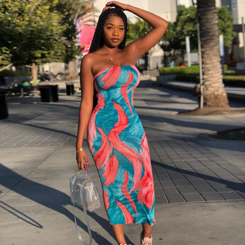 Tie Dye Bodycon Maxi: V-Neck Fashion Dress
