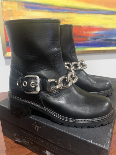 Giuseppe Zanotti Women’s Boots Silver Chain Moto Black Leather US 6.5/7(EU 37.5) - Picture 2 of 14