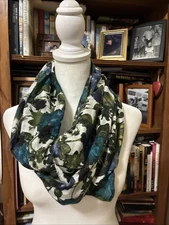 J Jill Womens Infinity Scarf Blue  Green Floral Print Boho Chic Casual