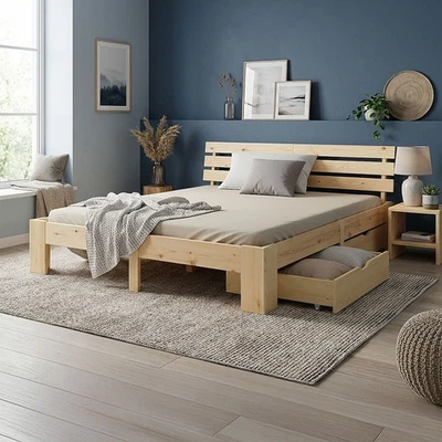 Lit double 180x200 en bois avec sommier et tiroirs – Lit adulte/ado Homestyle4u - Photo 1/4