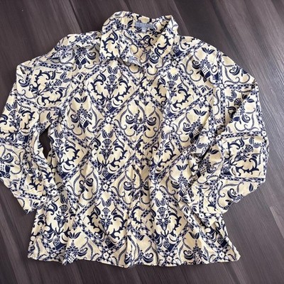 Foxcroft Button Up Blouse Women's Plus Size 22W Yellow Blue Arabesque Print