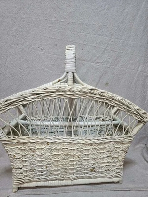 Vintage White Wicker Magazine Rack Basket Holder Cottage Core Chic Decor - Image 1 of 4