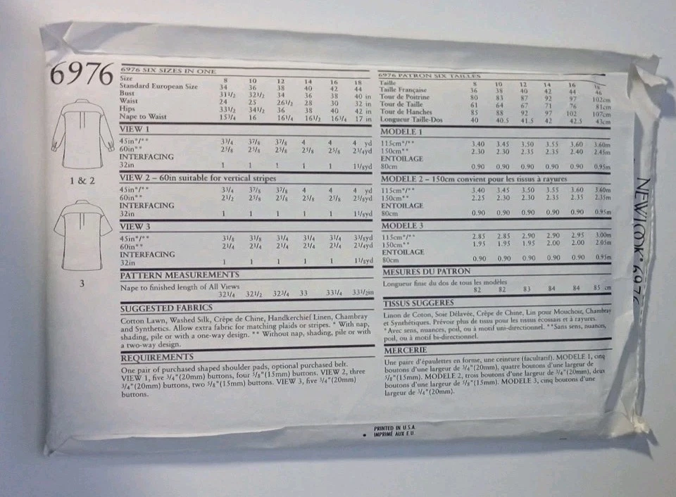 New Look 6976 Sewing Pattern Misses' Double Breasted Shirt/Blouse Sz 8-18 VTG UC - Image 2 of 3