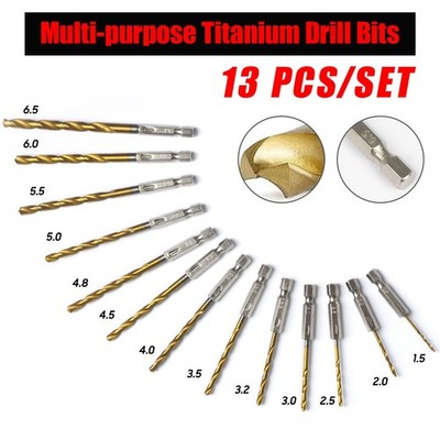 13PCS 1/4'' HEX Shank Drill Bits With Titanium Coating HSS Twist Drill Set Metal