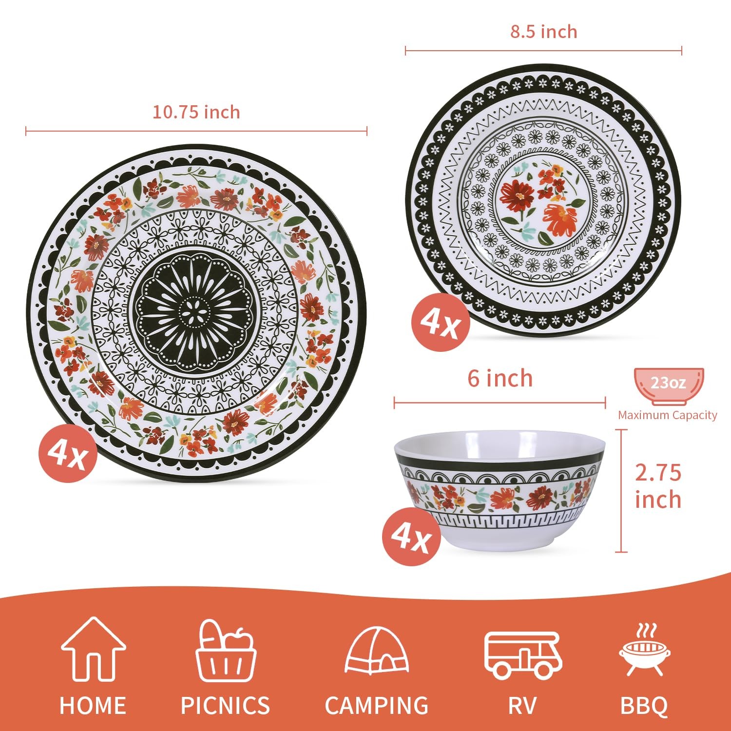 12-Piece Melamine Dinnerware Sets, Unbreakable Dinner Dishes Set for Indoor and