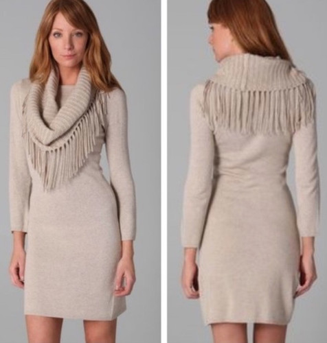 Alice + Olivia Fifi Tan Cashmere Blend Sweater Dress Removable Fringe Scarf XS
