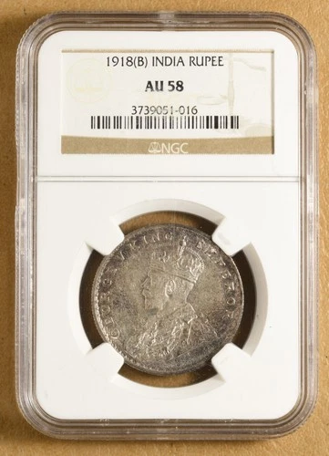 1918 B British India Rupee NGC AU58