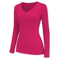 Womens V Neck Long Sleeve Plain T-Shirt Ladies Casual Basic Tee Top Slim Fit Top