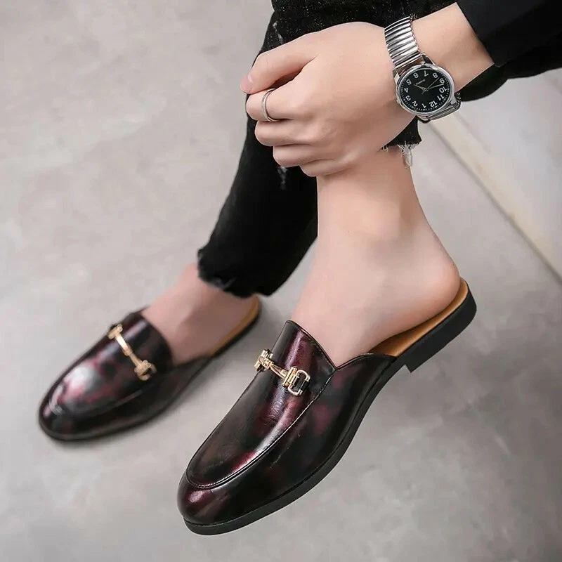 Mens Print Patent Leather Shoes Half Slippers Casual Slip Loafers Leisure  Flats