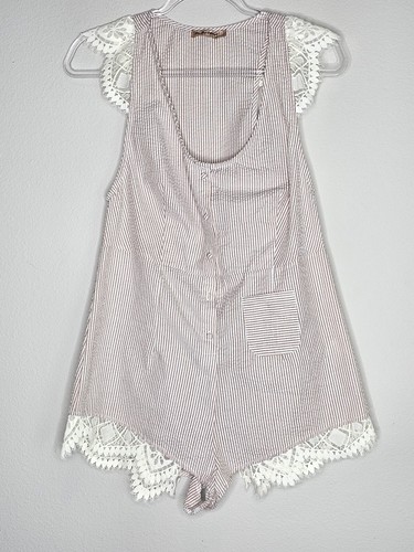 For Love & Lemons Emmy Sleep Romper Brown Seersucker and Lace Size Small - Picture 6 of 18