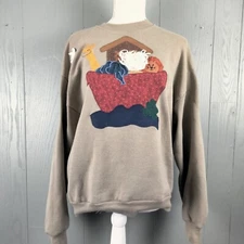 VINTAGE 80s Handmade Granny Sweater Womens Large Noahs Ark Sunday School Art