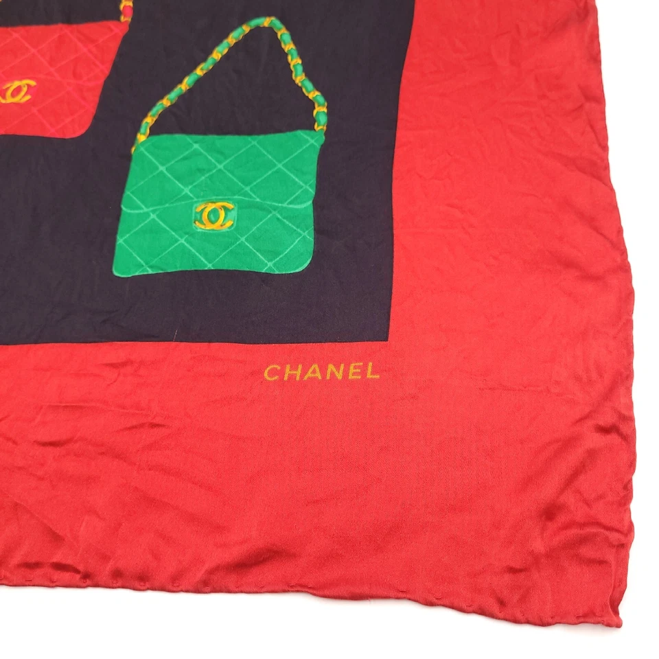 Chanel Scarf Silk Quilted Purse Print Logo Vintage Red Black Green Blue 34 x 34 - Image 3 of 4