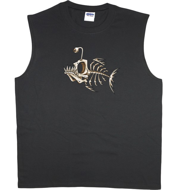 Men's sleeveless shirt fish bones fishing design workout muscle tee