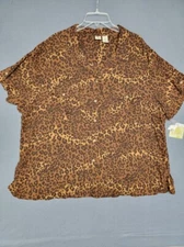 NWT~ISLANDER Button-Down Blouse Women's 3X Brown Animal Print 100% Rayon